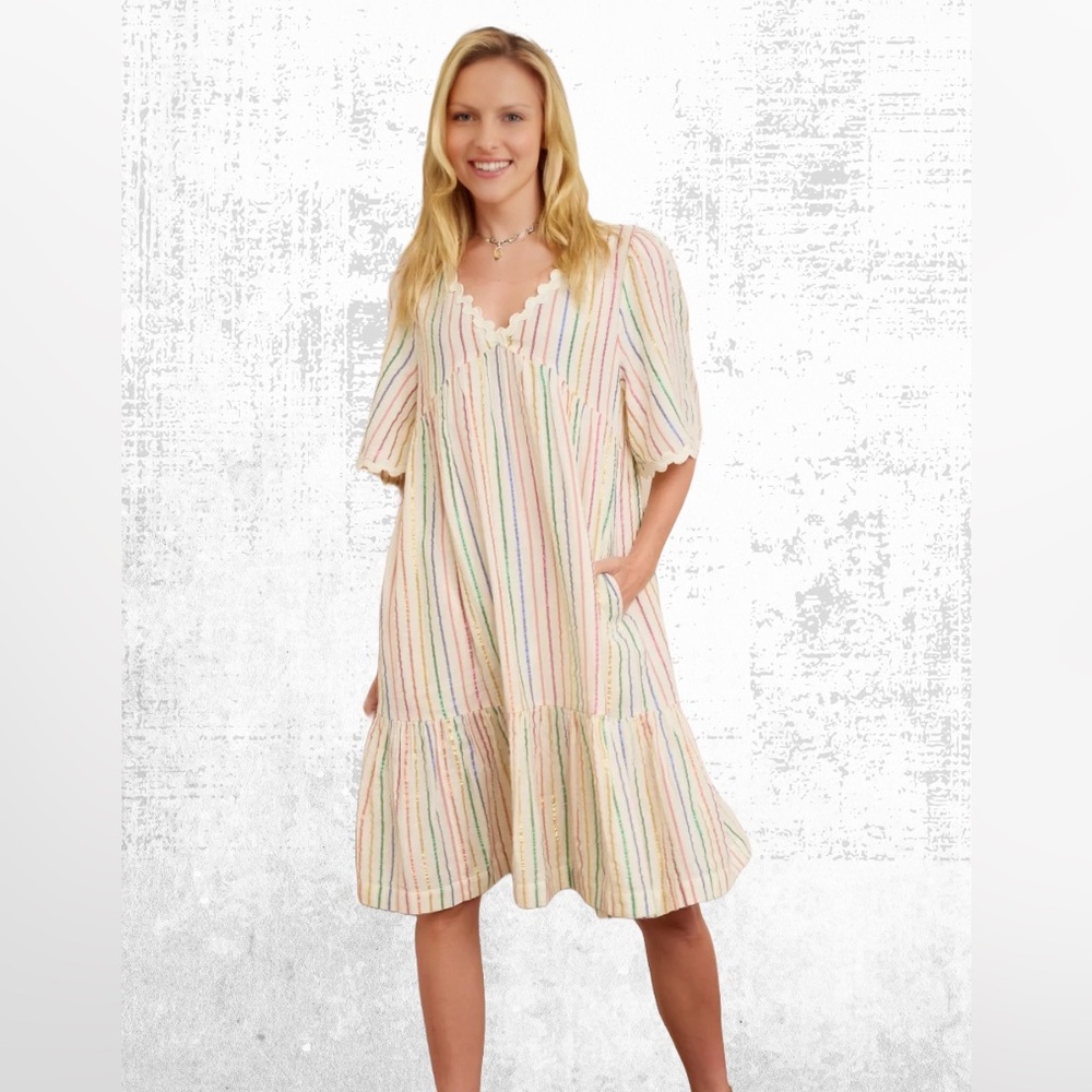 Wyse London Elise Ecru/Multi Stripe Shimmer Summer Vacation Dress Size 6